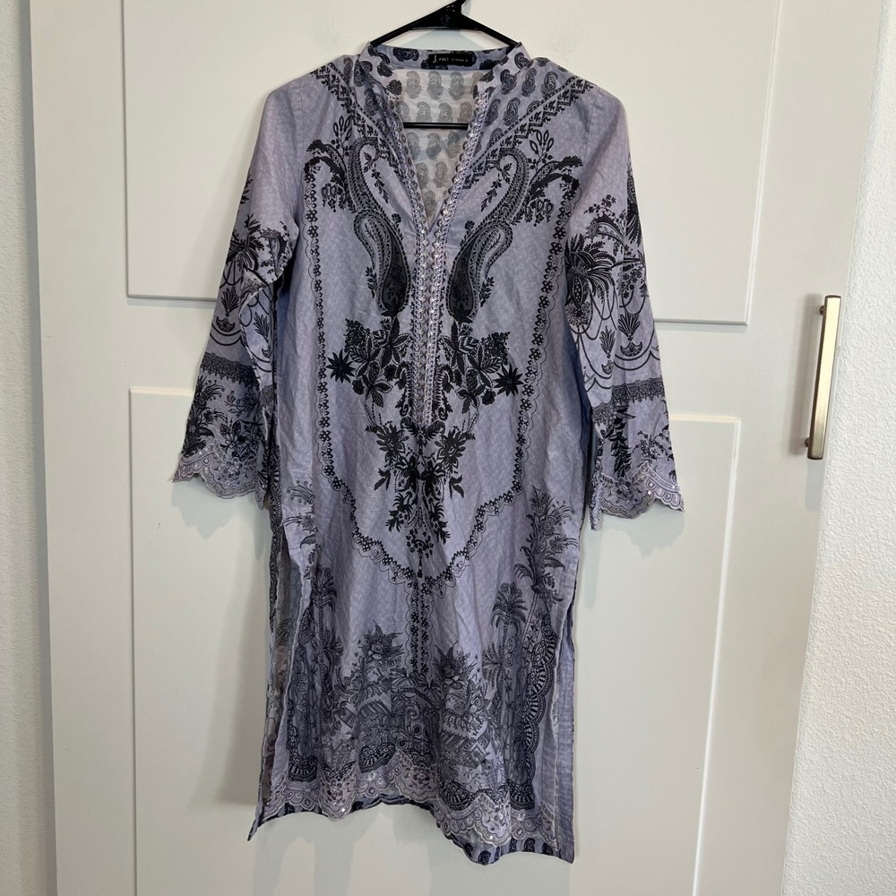 J. Pret Womens XS Lavender Print Embroidered‎ Beaded Tunic Top Dress Pakistani